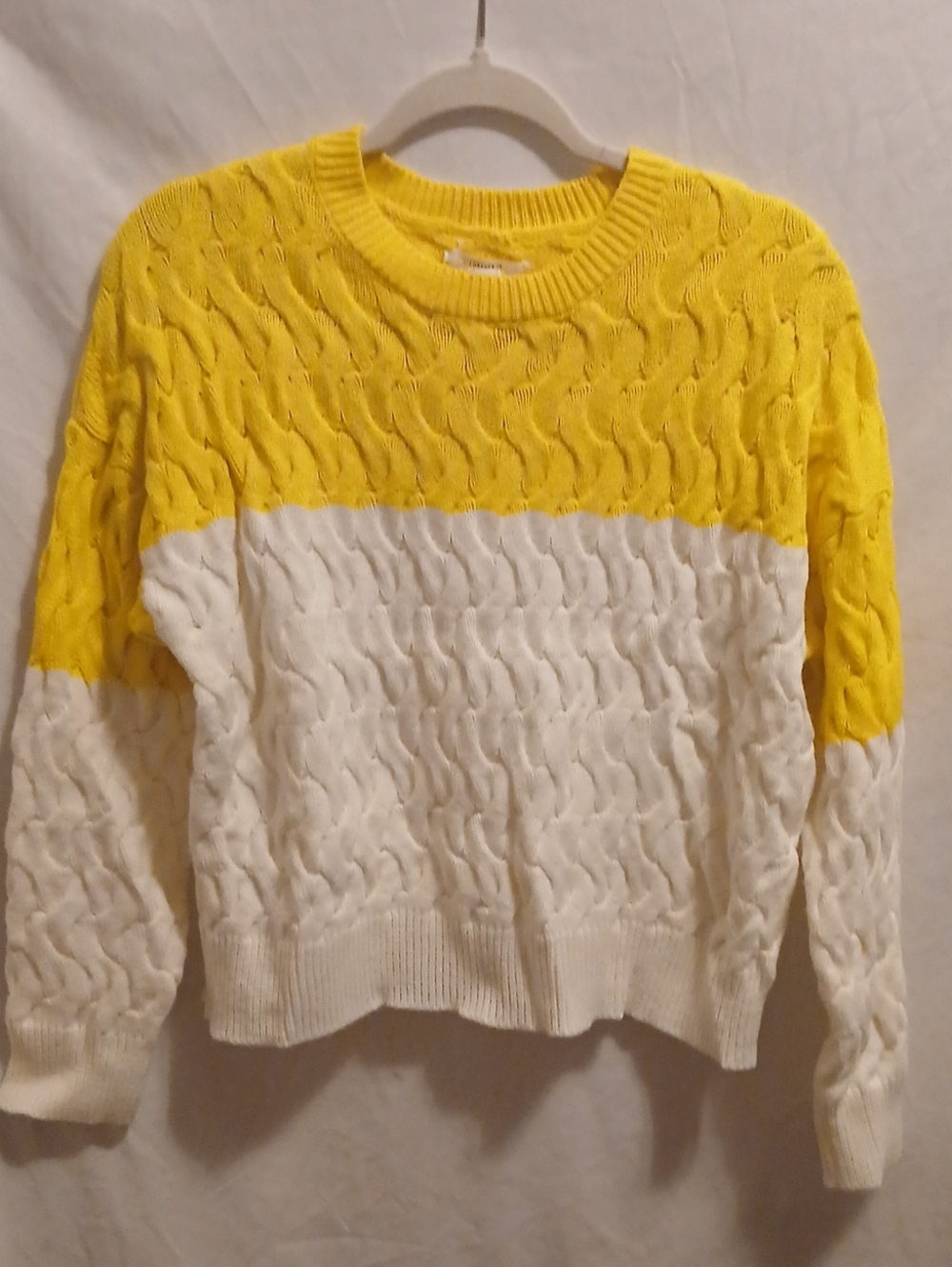 Forever 21 Yellow and White Cable-Knit Crewneck Sweater